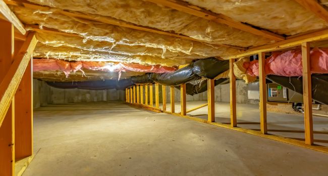 a crawl space with pink insulation and wood beams