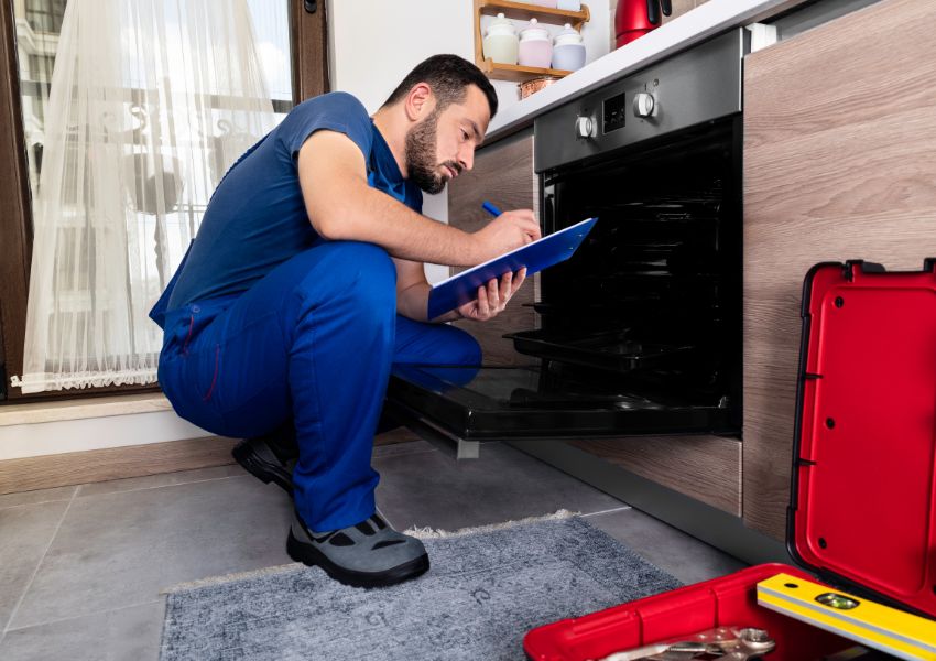 contractor inspecting an oven and checking things off on a clipboard