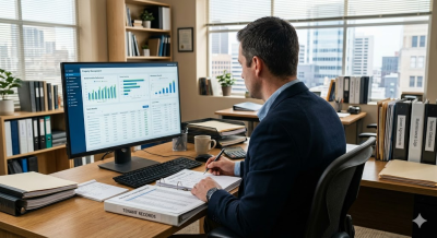Property manager reviewing rental property performance and tenant records in Grand Junction, Colorado