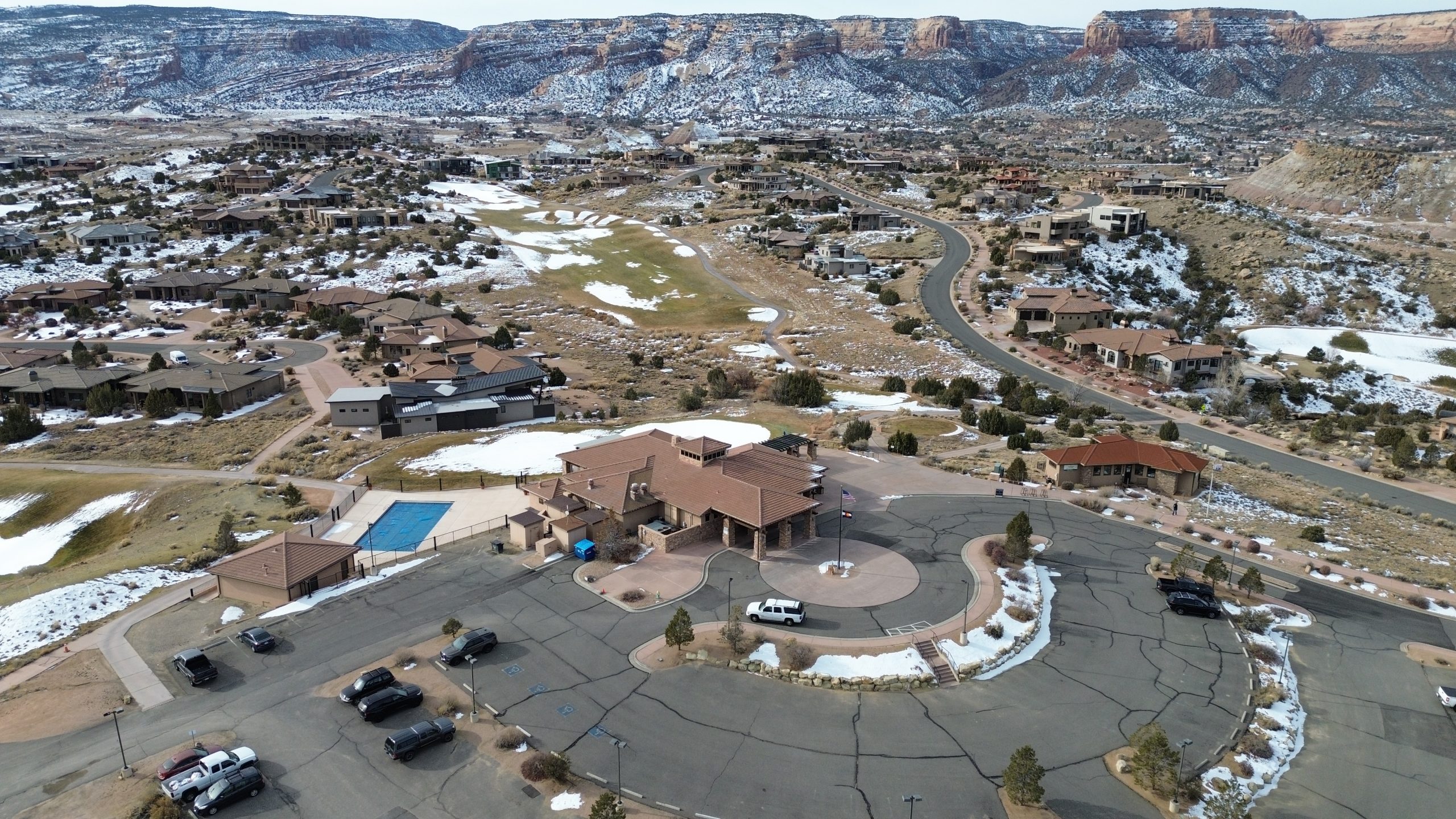 Aerial view of Redlands Mesa neighborhood in the Redlands area of Grand Junction, Colorado, near Redlands Mesa Golf Club and Colorado National Monument