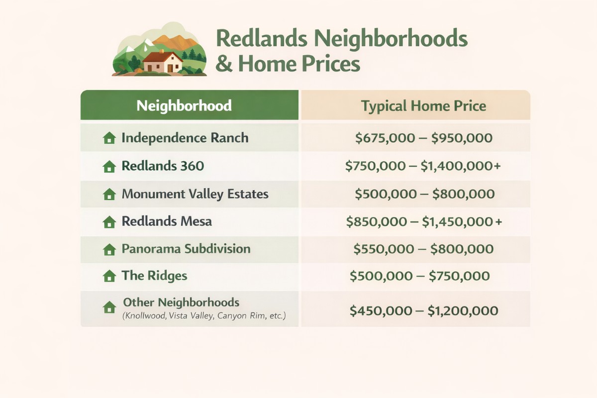 Infographic showing typical home price ranges for Redlands neighborhoods in Grand Junction, Colorado, including Independence Ranch, Redlands 360, Redlands Mesa, and The Ridges